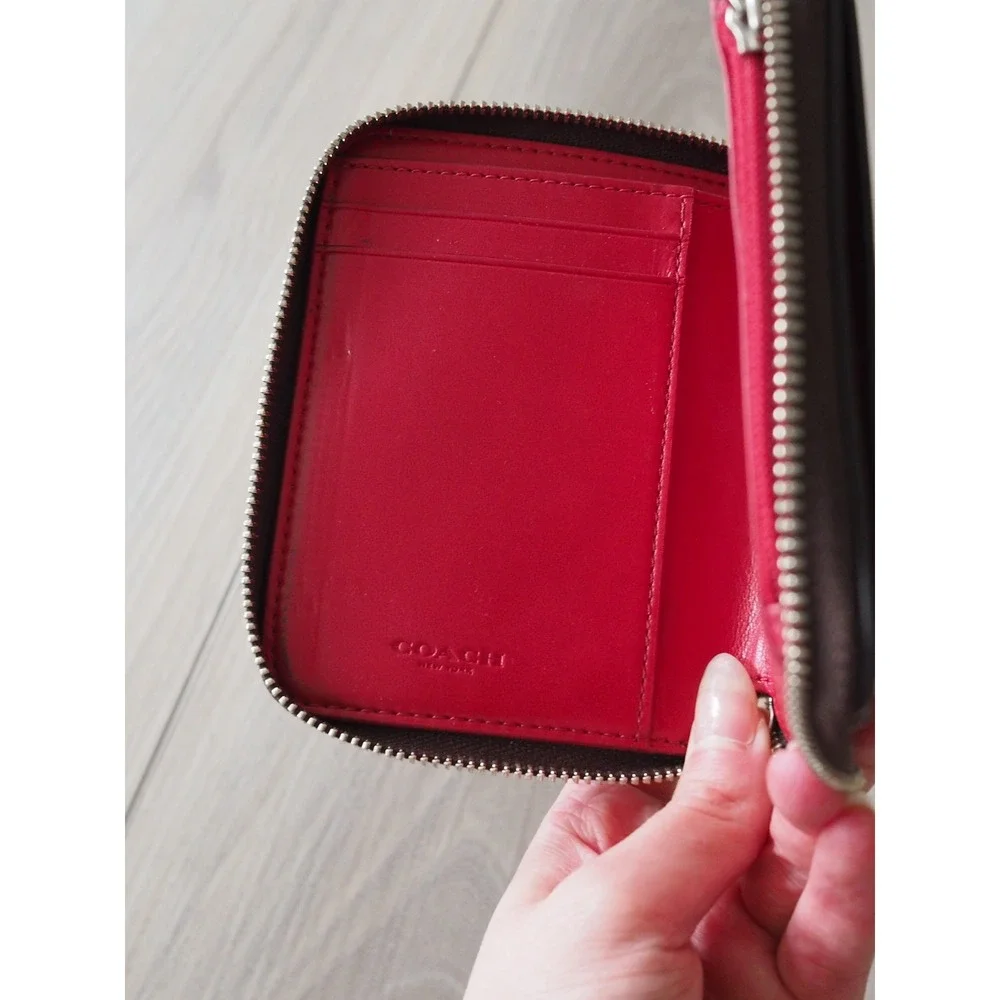 Coach Small Signature Patent Leather Zip Around Wallet in Brown Red Interior